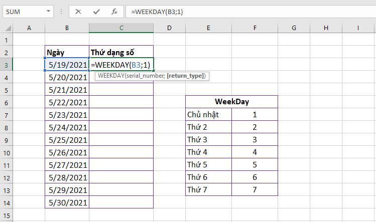 Cách dùng hàm Weekday chuyển ngày sang thứ trong Excel 3