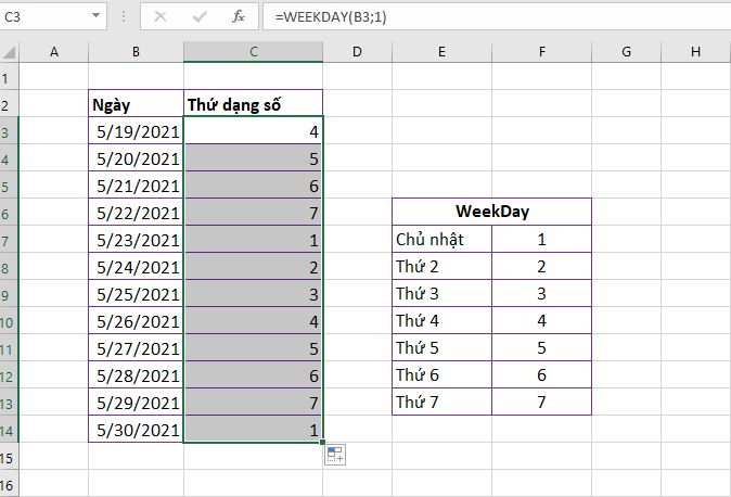 Cách dùng hàm Weekday chuyển ngày sang thứ trong Excel 7