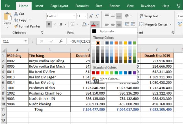 Những phím tắt để tô màu cho chữ và ô trong Excel